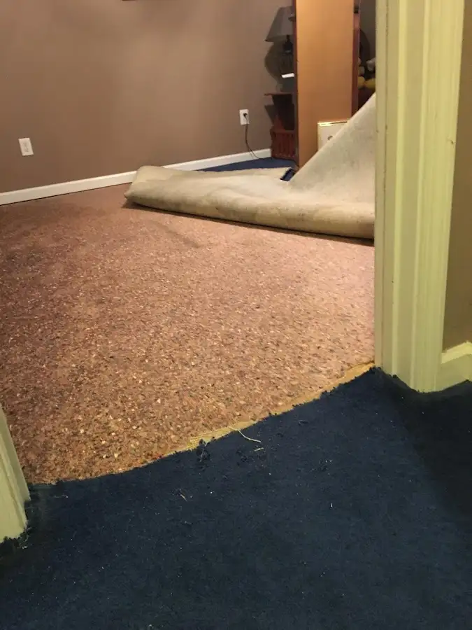 Carpet pad removal revealing water damage during Drying & Dehumidification in Molalla